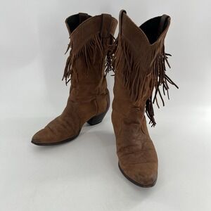 Vintage‎ Laredo Womens 9 Brown Fringe Cowboy Western Heel Mid Calf Low Heel Tan